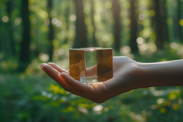 Wall Mural - Hand holding a candle in a forest landscape with trees Touching the wooden cube is a symbol of solving the problem.