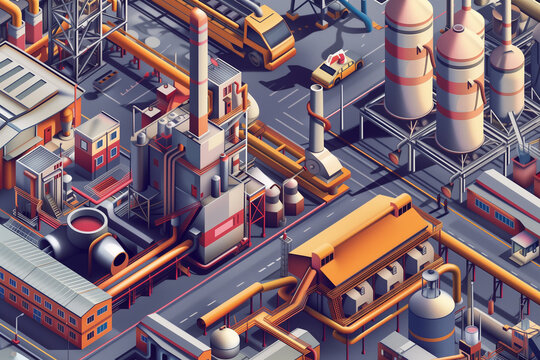 Vector isometric factory City Site with Industrial Equipment and Vehicles in Action