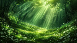 Fototapeta Las - An enchanted forest, vibrant foliage, mystical creatures, green, whimsical, fantasy, dreamy photography