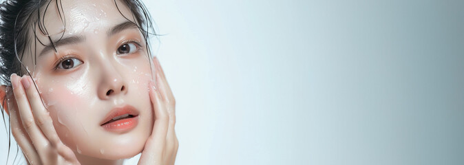 Woman washing her face, skin looking clear and clean, close-up washing face, water droplets on the skin, concept copy space, banner cover beauty content