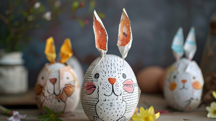 Wall Mural - A charming DIY Easter egg wrapped in recycled newspaper, adorned with playful hand-painted bunny faces