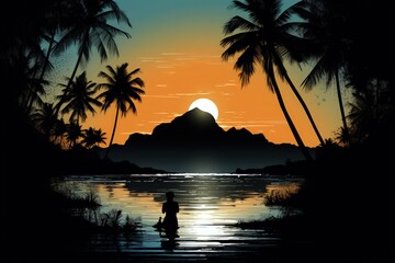 Wall Mural - Orange sunset paints island silhouettes in the evening sky.