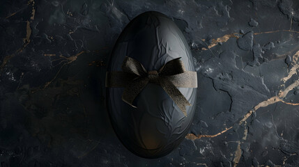 Wall Mural - A monochromatic Easter egg wrapped in sleek matte black paper, accented with a single metallic gold ribbon