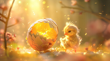 A whimsical scene of a baby chick hatching from its colorful eggshell, surrounded by soft feathers and golden sunlight