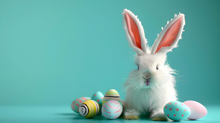 Wall Mural - Crisp image featuring fluffy bunny ears and colorful Easter eggs arranged on a teal background, presenting a charming holiday card concept with ample copy space