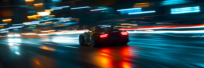 fast car racing through the city at night