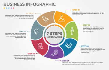 Poster - Visual data presentation. Cycle diagram with 7 options. Pie Chart Circle infographic template with 7 steps, options, parts, segments. Business concept. Editable pie chart with sectors.