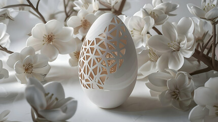 Wall Mural - A meticulously crafted Easter egg, featuring mesmerizing geometric designs, nestled within a ring of fresh spring blooms, the exquisite details of each petal and curve captured.