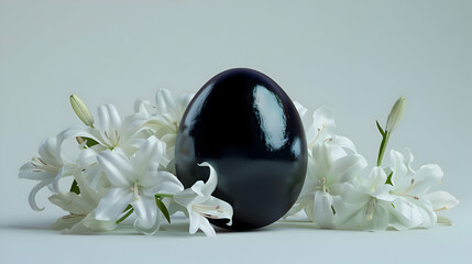 Wall Mural - A sleek ebony Easter egg is encircled by a radiant halo of snowy white lilies, forming a mesmerizing tableau that celebrates the beauty of contrast and simplicity on a blank white canvas