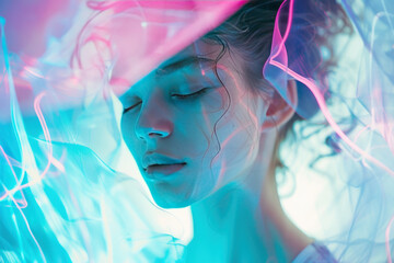 Wall Mural - young woman with pink and blue neon