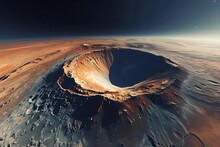 Stock Image Of A Panoramic View From The Top Of Mars' Olympus Mons, The Tallest Volcano In The Solar System, Revealing The Vast Martian Landscape.
