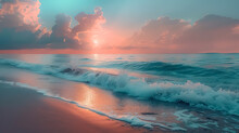  Serene Seaside Landscape, Crashing Waves, Sandy Shores, Calming, Pastel, Coastal, Tranquil Photography