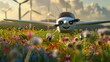 Airplane has big eyes, smiles, and flies near ground with flowers. A happy airplane flies near the ground, over a field of flowers.