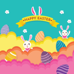 Canvas Print - Colorful Paper Cut Clouds Background with Cheerful Bunnies Cartoon and Painted Eggs for Happy Easter Concept.