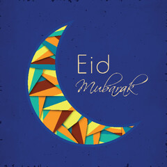 Poster - Shiny Colorful Abstract Curve Moon on Glossy Blue for Muslim Community Festival Eid Mubarak.