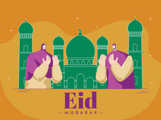 Sticker - Cartoon Muslim Man and Woman Dua in front of Mosque on The Occasion Eid Mubarak.