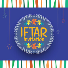 Wall Mural - Iftar Invitation Card Design Decorated with Colorful Flower and Hanging Stars.