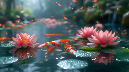 Wall Mural - koi fish pond wallpaper with pink lotus flower, in the style of realistic