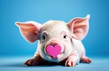 National Pig Day. Pork Day. Cute Little Piglet With Pink Heart On Blue Background. Funny Animal Valentines Day, Love, Wedding Celebration Concept Greeting Card