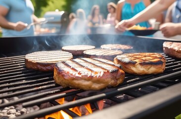 Wall Mural - national pig day. pork day. Close-up of a grill on a sunny summer day, with a blurry background of people enjoying a BBQ food party.