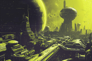 retro futurism scifi illustration of green alien city 