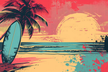 Sticker - Surfboard on tropical beach background. Vintage tone color style. Generative ai