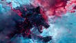 Surreal Wolf Explosion in Vivid Red and Blue Abstract Art, werewolf attack human fighter