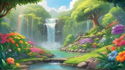 Wall Mural - Free Beautiful green garden cartoon background illustration Generative AI