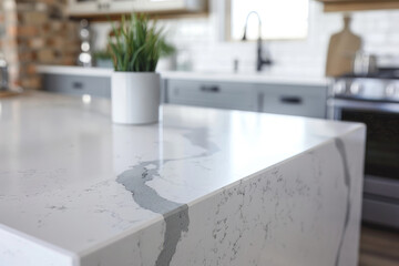 Wall Mural - Empty and luxury kitchen white beautiful stone countertop , leaving copy space by focusing on foreground.
