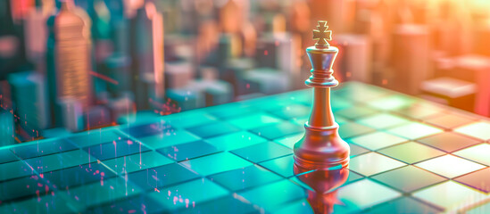 Isolated king chess piece metallic squared board atop rooftop Highrise golden hour sunlight overlooking cityscape