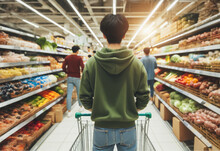 A Man In A Green Hoodie Pushes A Shopping Cart Down The Aisle Of A Grocery Store. Generated Ia