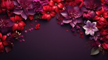 Flowers And Petals Arranged On A Deep Red And Purple Background. Ai Generated