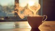 Coffee with heart-shaped steam rising from cup, Ai Generated.