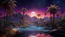 Desert Mirage Oasis At Night With Oasis Palm Tree. Desert Oasis Illustration At Night. Seamless Looping Overlay 4k Virtual Video Animation Background 