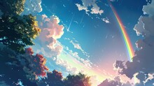 Anime-style Illustration Of A Beautiful Rainbow In The Blue Sky