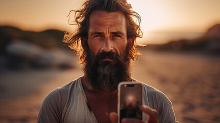 Poster - A man with a beard and long hair holding a cell phone. Generative AI.