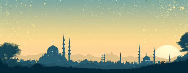 Wall Mural - Silhouette vector Mosque with dark blue element design background free space for text