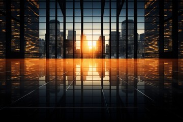 Wall Mural - Stunning volumetric lighting reflecting off illuminated skyscrapers, perfect for backgrounds