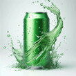 Mockup soft drink with green can and green splash isolated on white background, , ready for object and retouch design. Generative AI