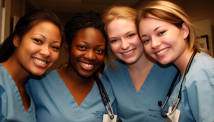 A group of smiling healthcare professionals looking at camera generated by AI