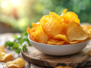 A bowl of potato chips sits on a wooden board. There are tomatoes and greens in the background.