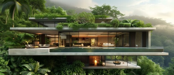 Wall Mural - A modern house in the jungle with lush vegetation. Generative AI.