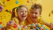 Joyful siblings having fun in a colorful candy rain. cheerful playful atmosphere. bright vivid colors capture happiness and childhood. captivating snapshot for family concepts. AI