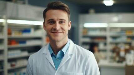 Portrait of a happy male pharmacist providing pharmacy services, medical advice on medicines, vitamins, dietary supplements and cosmetics to clients. Medical worker, Healthcare concepts.