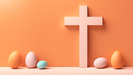 3D Christian cross symbol isolated on orange background. Modern sunset concept of easter day good Friday.