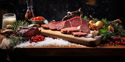 slices of roast beef on a fresh red table, processed roast beef and so, there is empty space for text, greetings, wallpaper, posters, advertisements, etc