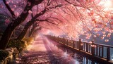 Fototapeta Konie - pink cherry blossom trees beautiful scenery walking path bridge by river 