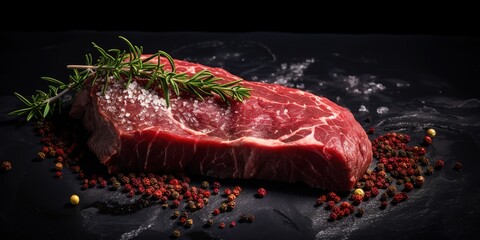 Slices of beef on a fresh red table, processed grilled meat and so there is empty space for text, greetings, wallpaper, posters, advertisements, etc.