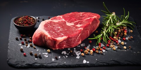 Fresh raw marbled beef rib eye steak butter and spices on black stone background copy space