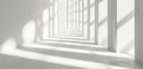 Fototapeta Perspektywa 3d - A white wall is showing a light passing through the windows, featuring abstract lines, dramatic shadows, a matte photo, and minimalistic abstraction.